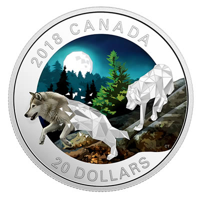 RCM-New-Release:-2018-1-Oz.-Pure-Silver-Coloured-Coin---Geometric-Fauna:-Grey-Wolves